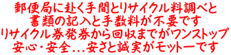 郵便局に赴く手間とリサイクル料調べと 書類の記入と手数料が不要です リサイクル券発券から回収までがワンストップ 安心・安全...安さと誠実がモットーです